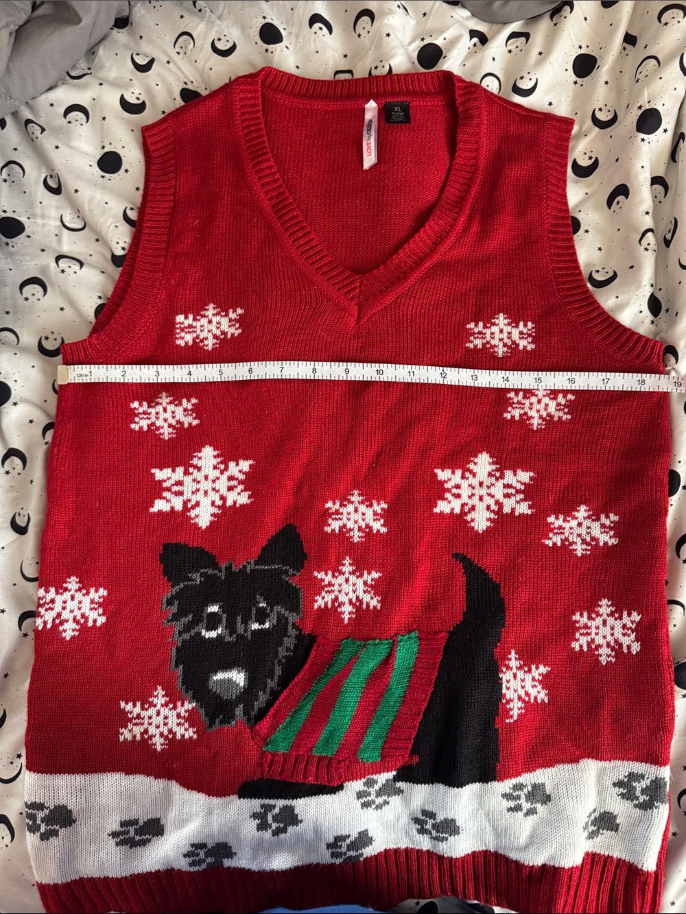Red Holiday Sweater Vest with Dog and Snowflake Motif